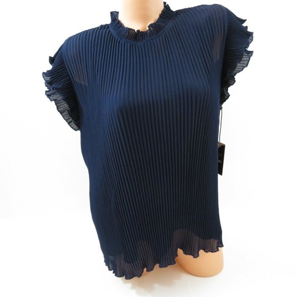 Gibson X Glam Steph Taylor Jackson Blouse Pleated Chiffon Ruffle Sleeve Blue - Picture 2 of 12
